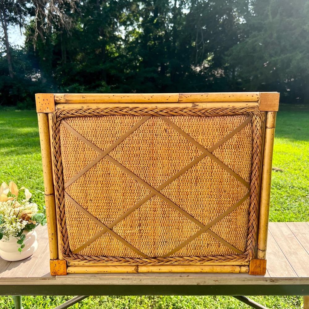 Vintage Bamboo And Wicker Memory Message Board With Leather Straps